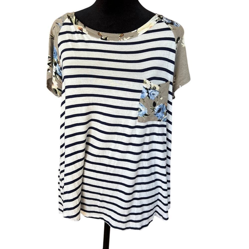 e.Luna Stripe and Floral Crewneck T-shirt, Women's size S